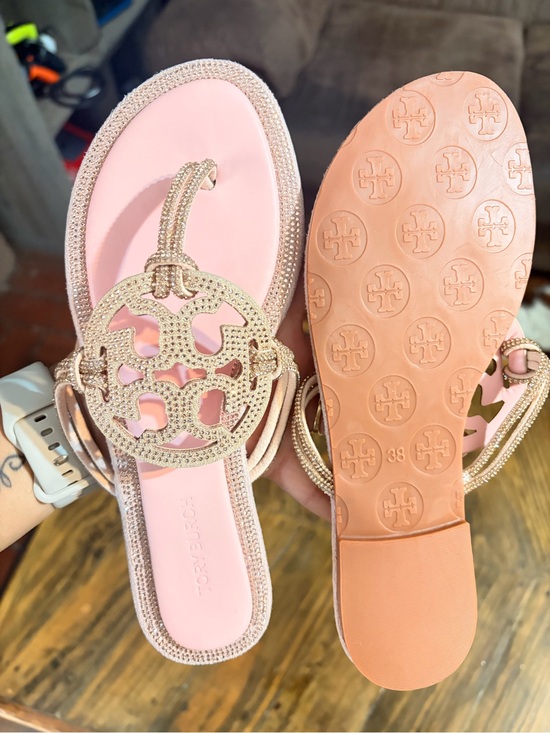 Tory Burch Shoes - Tory Burch Pink and Gold Miller Logo Sandals